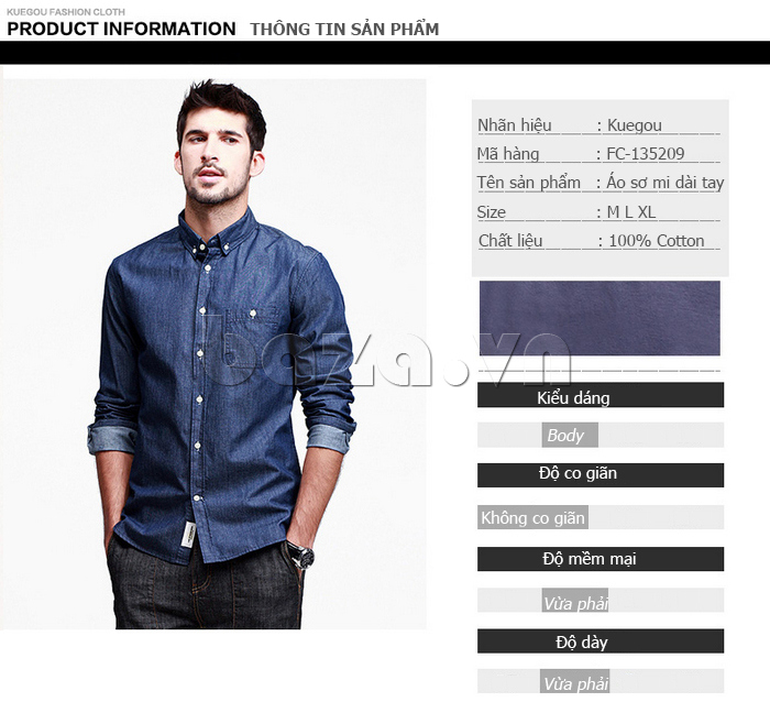 Thông tin sản phẩm Sơ mi denim nam dài tay trơn màu K-Jeans FC-135209