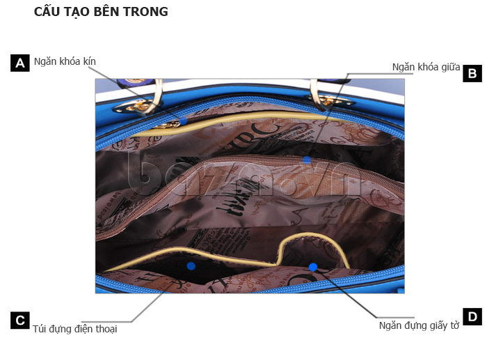 Túi xách nữ Binnitu B99353 thời trang- cấu tạo bên trong