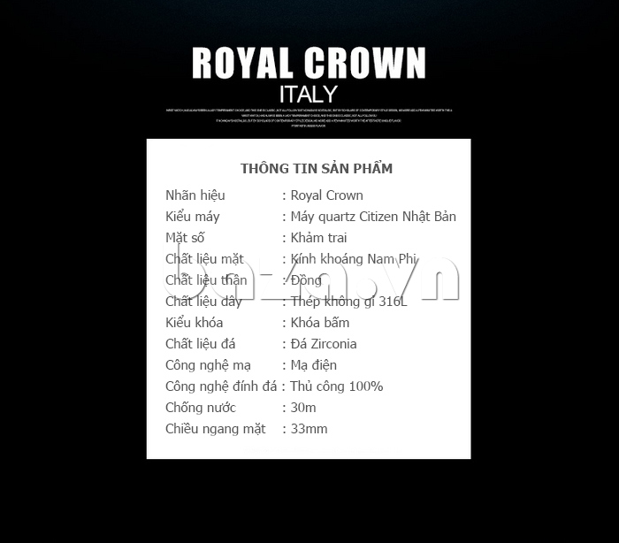 Thông tin sản phẩm Đồng hồ trang sức nữ gắn pha lê Royal Crown 3628S