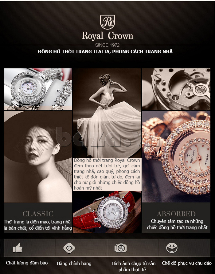 Đồng hồ trang sức nữ gắn pha lê Royal Crown 3628S hiện đại