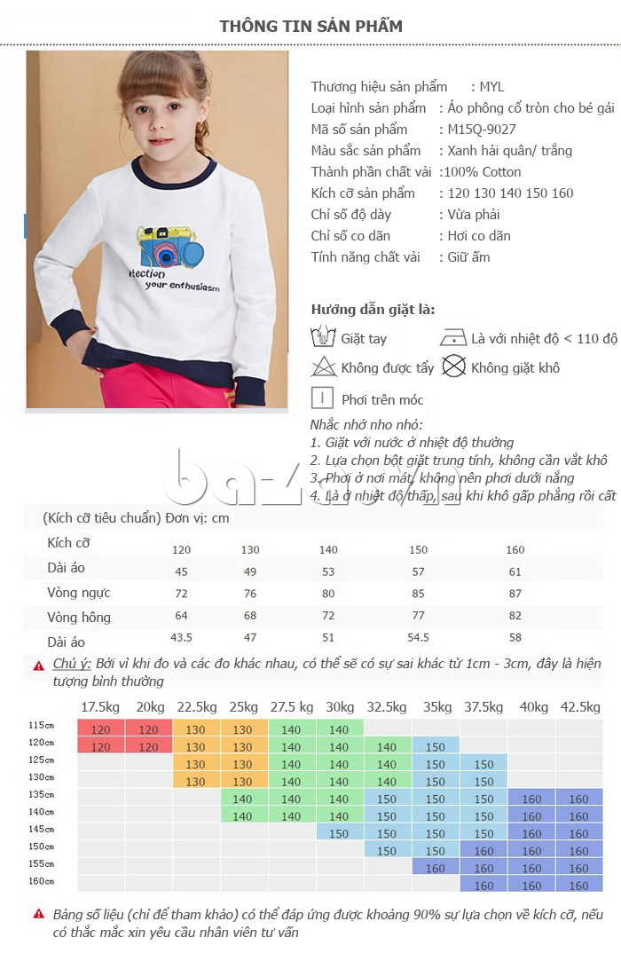 size số của Áo phông thu đông cho bé gái MYL M15Q-9027