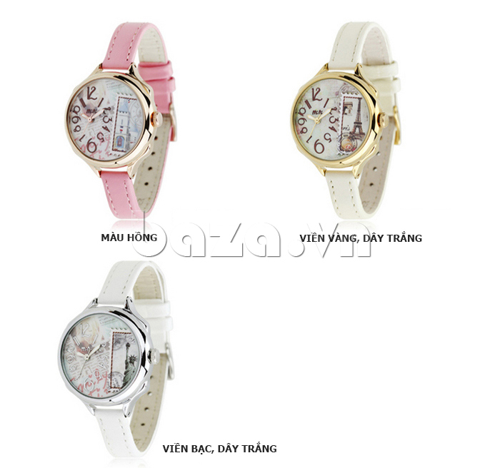 Đồng hồ nữ Mini Phong thư tình yêu màu hồng, viền dây màu vàng, dây trắng đa dạng dễ chọn lựa