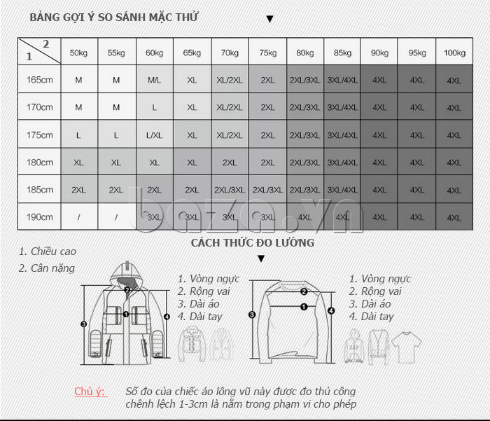 Bảng kích thước của Áo khoác nam lông vũ siêu nhẹ Nian Jeep D1758