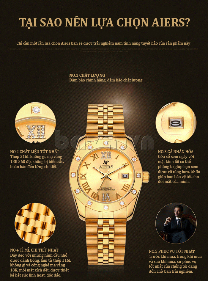 Đồng hồ nam Aiers B142G mạ vàng 18K chính hãng