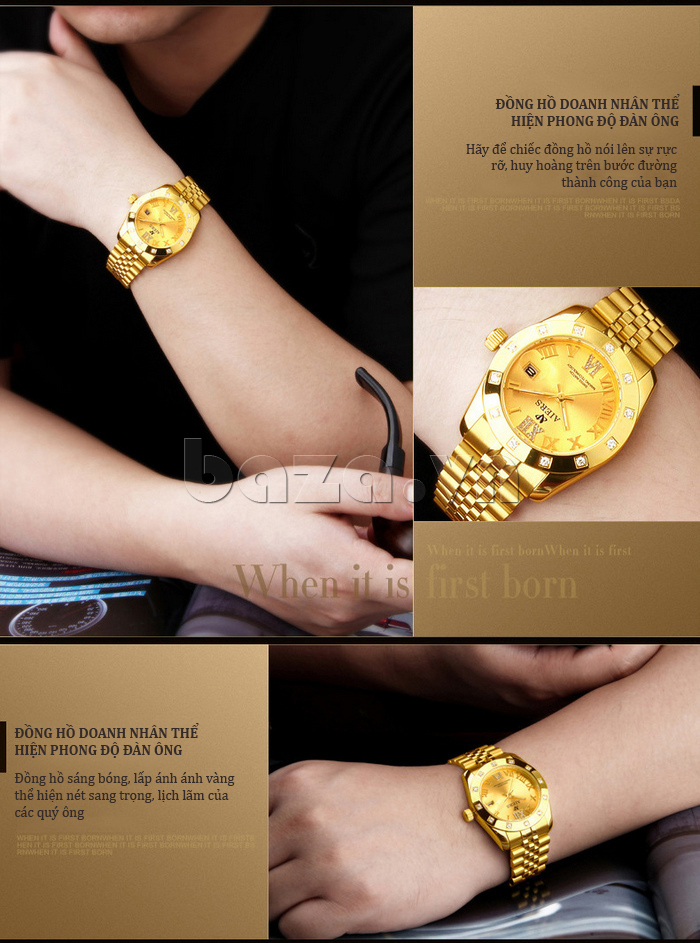 Đồng hồ doanh nhân nam Aiers B142G mạ vàng 18K thể hiện phong độ đàn ông