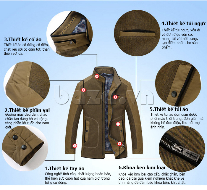 Các chi tiết trên áo khoác thu đông nam cổ đứng Nleidun J8072 được chế tác hoàn mỹ