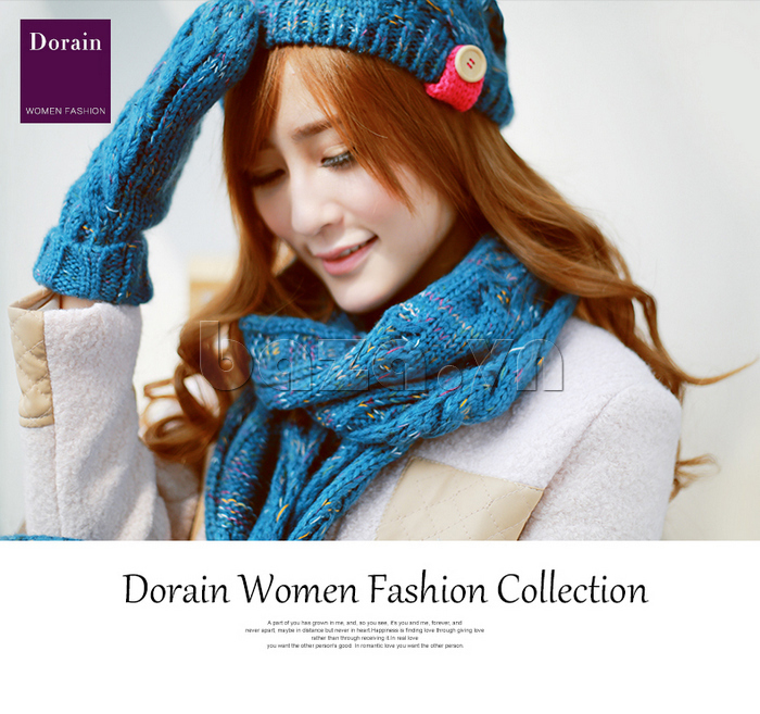 Combo mũ len, khăn len và găng tay len nữ Dorain màu xanh nổi bật