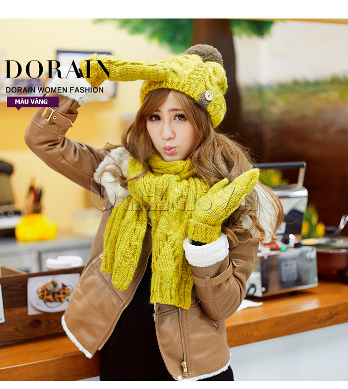 Combo mũ len, khăn len và găng tay len nữ Dorain màu vàng nổi bật
