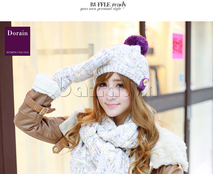 Combo mũ len, khăn len và găng tay len nữ Dorain thiết kế mũ nhồi bông xinh cute