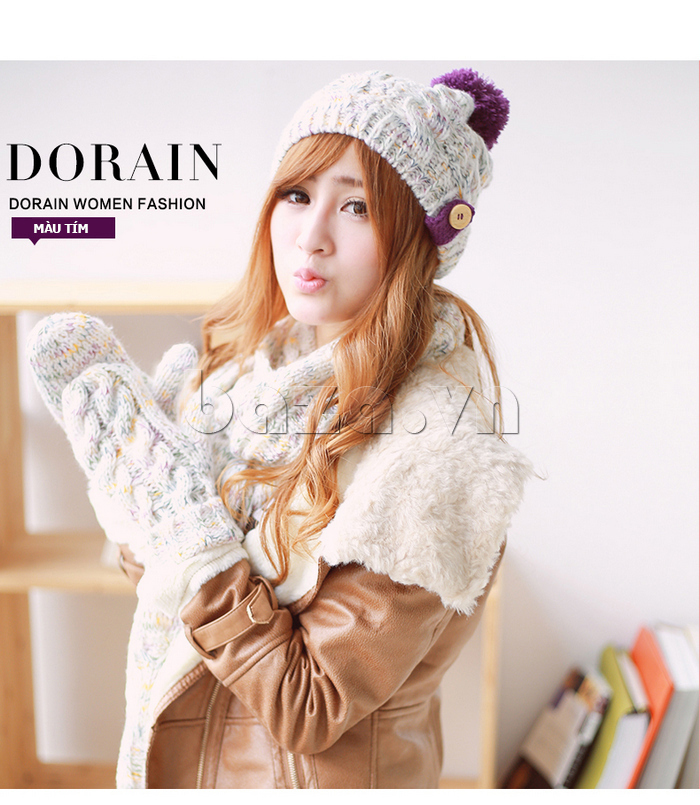 mũ len, khăn len và găng tay len nữ Dorain màu trắng điểm tím