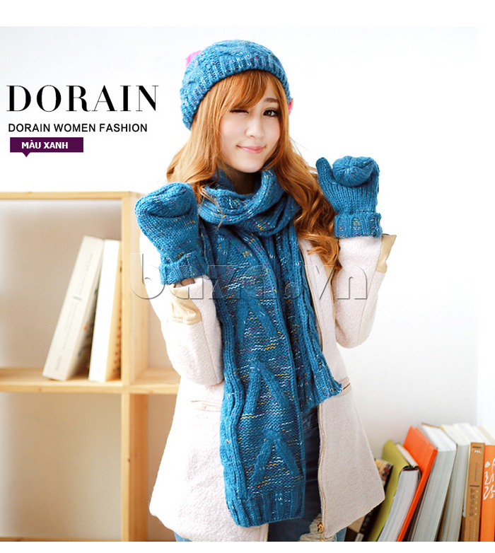 Combo mũ len, khăn len và găng tay len nữ Dorain màu xanh coban