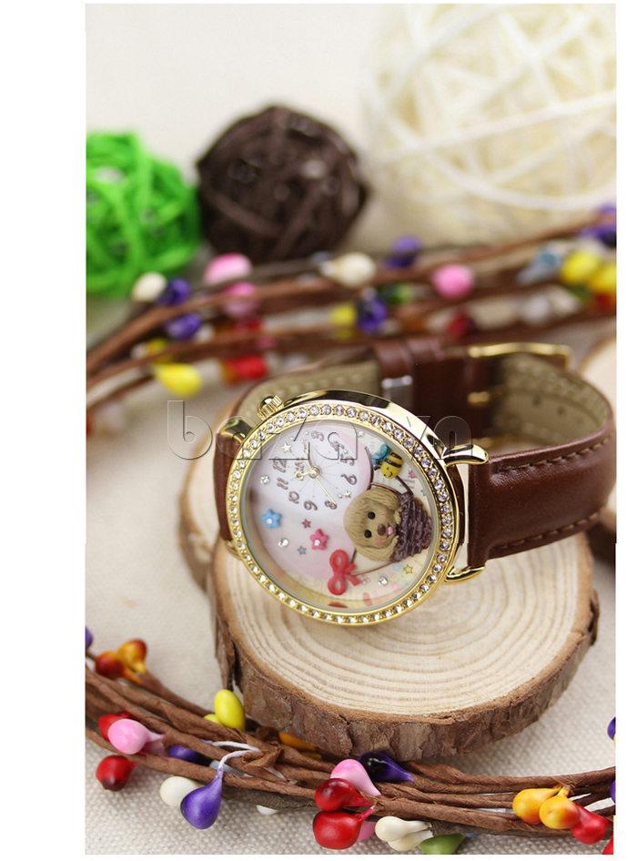 Đồng hồ nữ Mini MN962 Mặt hình cún con dễ thương viền đính đá pha lê 