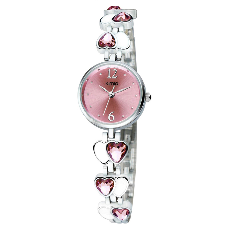Đồng hồ nữ KIMIO K492S mặt hồng dây đeo trái tim hồng