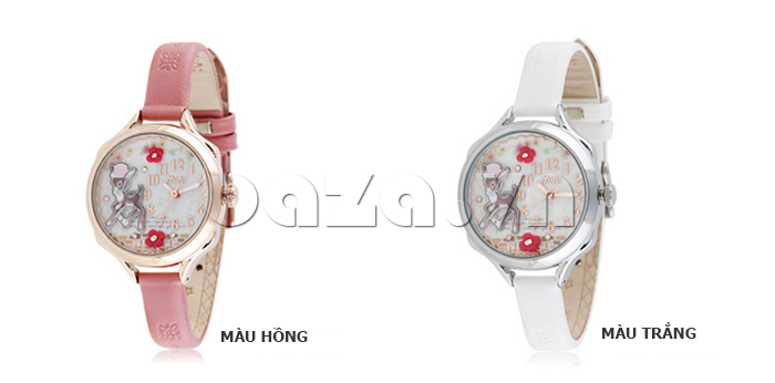 Đồng hồ nữ Mini Chú nai nhỏ có hai dây màu hồng và màu trắng 