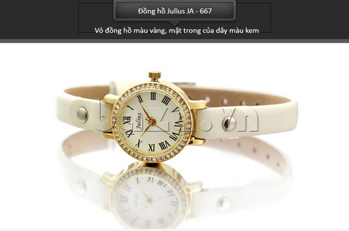 Đồng hồ nữ Julius JA-667 vỏ đồng hồ màu vàng, mặt trong của dây da màu kem 