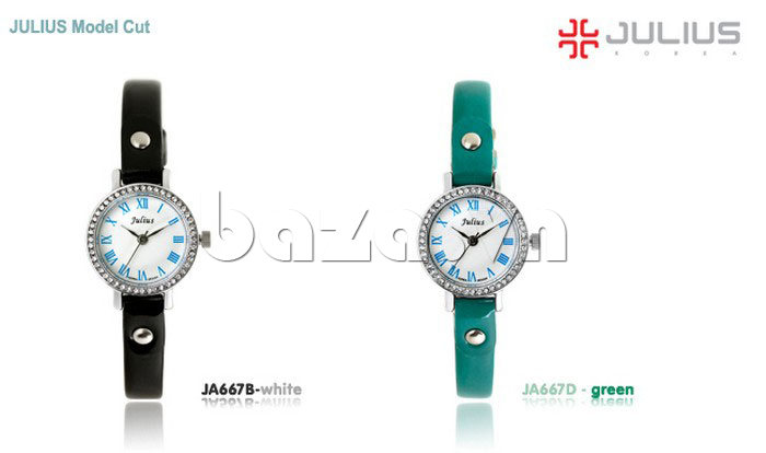 Đồng hồ nữ Julius JA-667 dây da màu đen và màu xanh cá tính 