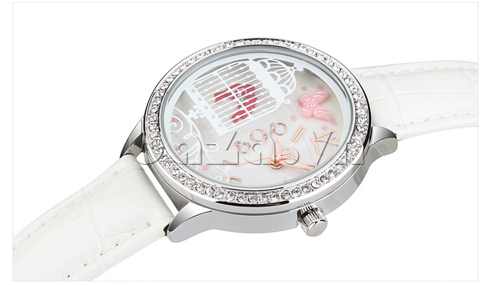Đồng hồ nữ Mini MN2008 lồng chim dây da màu trắng 
