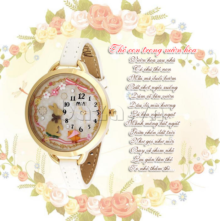 Đồng hồ nữ Mini Thỏ con trong vườn hoa trang trí tinh tế, họa tiết độc đáo