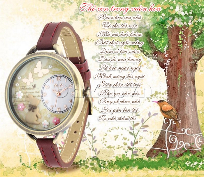 Đồng hồ nữ Mini Thỏ con trong vườn hoa thiết kế độc đáo, ấn tượng