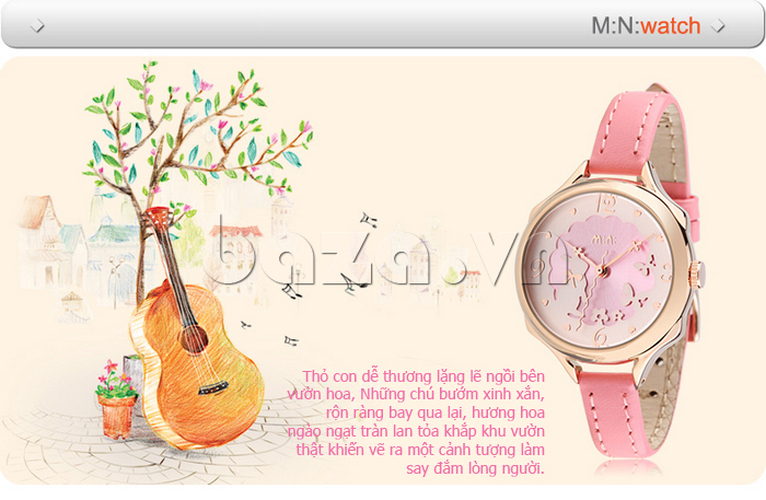 Đồng hồ Mini nữ MN989 kim giây hình sóng họa tiết thỏ con trong vườn hoa 