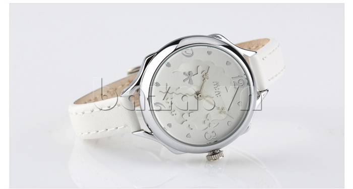 Đồng hồ Mini nữ MN989 kim giây hình sóng ánh bạc, dây da màu trắng 