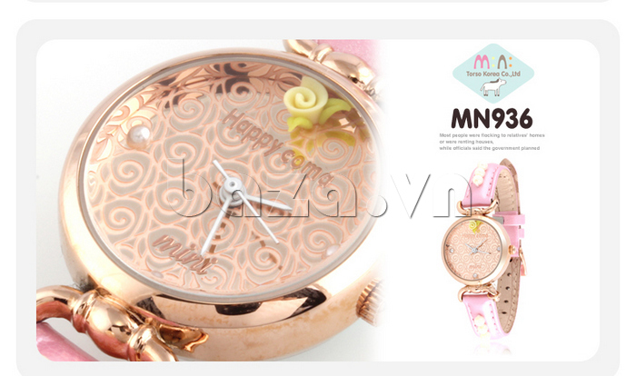 Đồng hồ nữ Mini MN935 mặt hoa hồng tinh tế viền mạ ánh kim sang trọng 