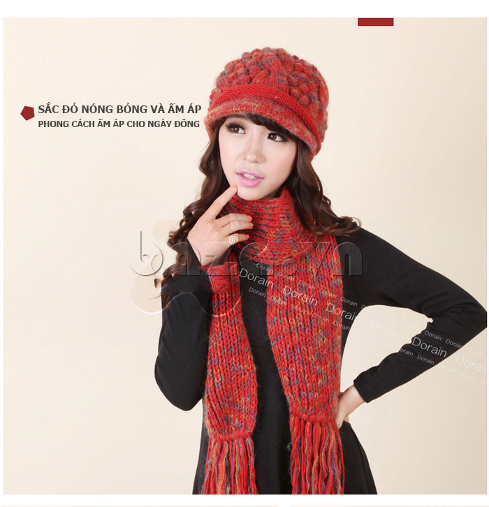 Combo mũ và khăn nữ len lông cừu Dorain sắc đỏ nóng bỏng và ấm áp