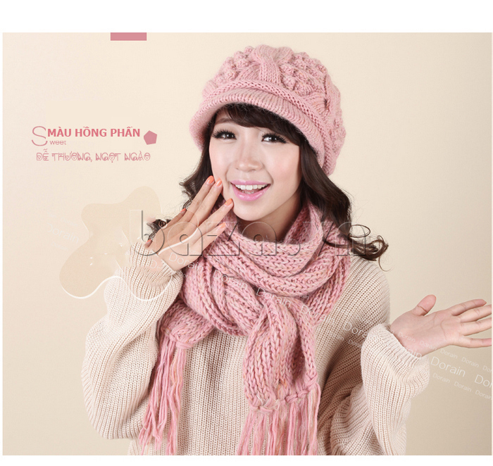 Combo mũ và khăn nữ len lông cừu Dorain màu hồng dễ thương và ngọt ngào