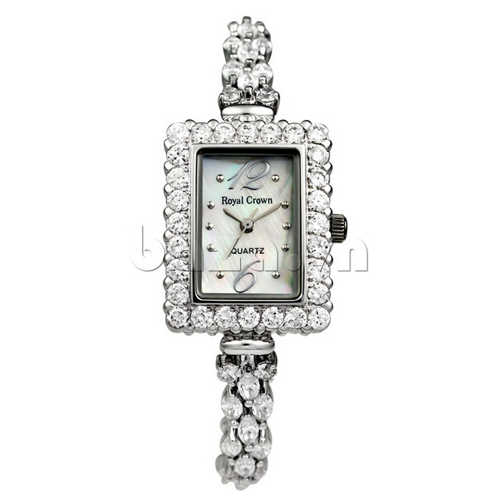 Đồng hồ lắc tay nữ Royal Crown mặt chữ nhật gắn đá màu bạch kim