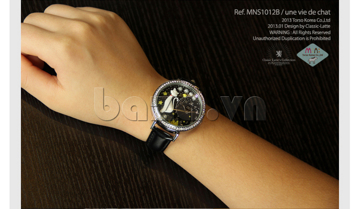 Đồng hồ nữ Mini MN1078 mèo đen dây da thời trang 