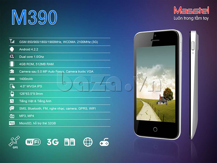Điện thoại cảm ứng Masstel M390 hỗ trợ tiếng Việt và tiếng Anh
