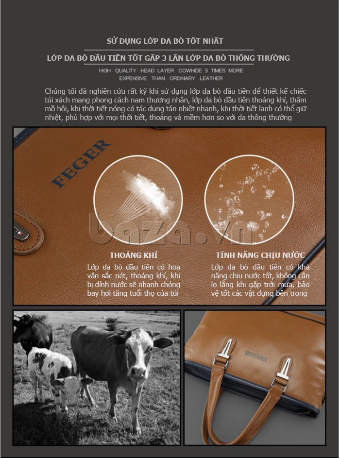 Túi xách nam da bò hình vuông Feger 951-3  lớp da bò đầu tiên mềm mại 