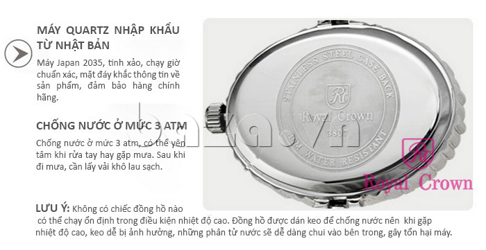 Đồng hồ nữ Royal Crown 3807 gắn đá cao cấp máy quartz nhập khẩu 