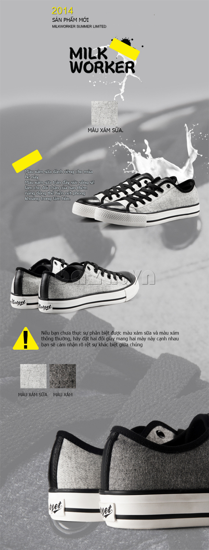 Giày vải nam Notyet NYSC3210  có hai màu xám sữa và màu xám