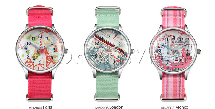 Đồng hồ thời trang nữ Mini MN2003 mặt hình London 3 màu sắc xanh, hồng, hồng đậm