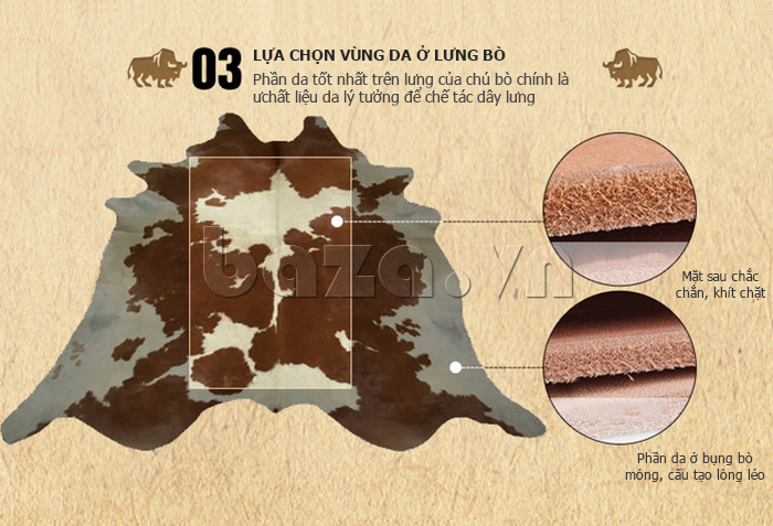 Dây lưng nam Bison Denim N70781 lựa chọn vùng da ở lưng bò