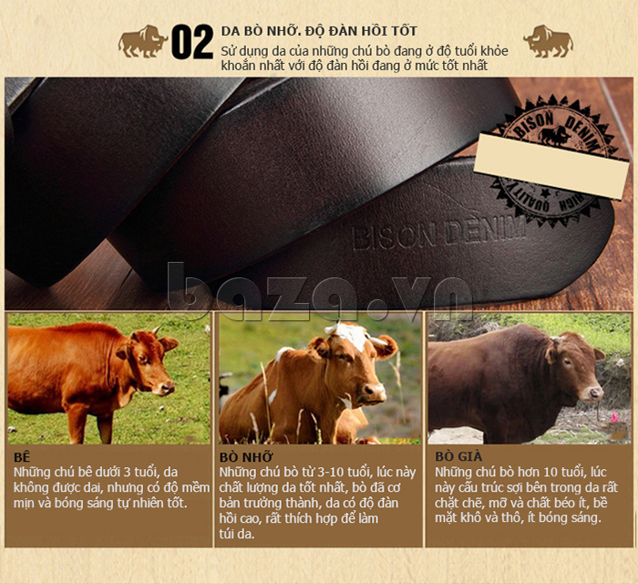 Dây lưng nam Bison Denim N70781 chất liệu da bò nhỡ, độ đàn hồi tốt