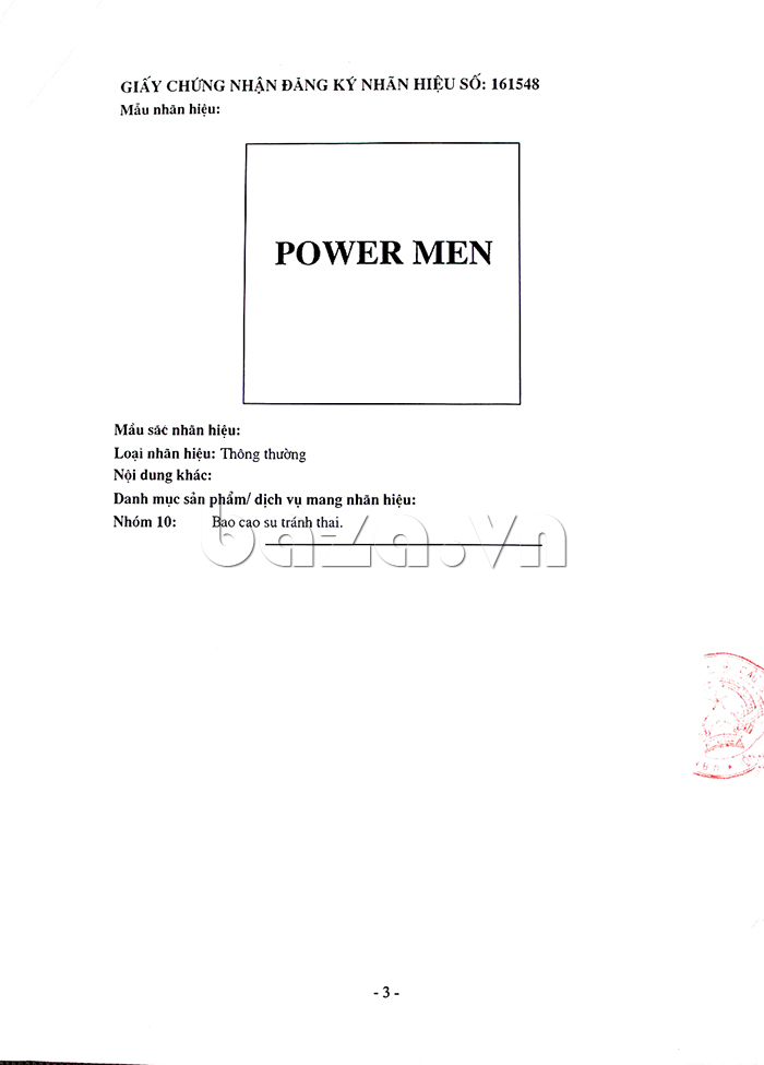 Giấy chứng nhận đăng kí nhãn hiệu Bao cao su siêu mỏng, kéo dài cuộc yêu Power Men