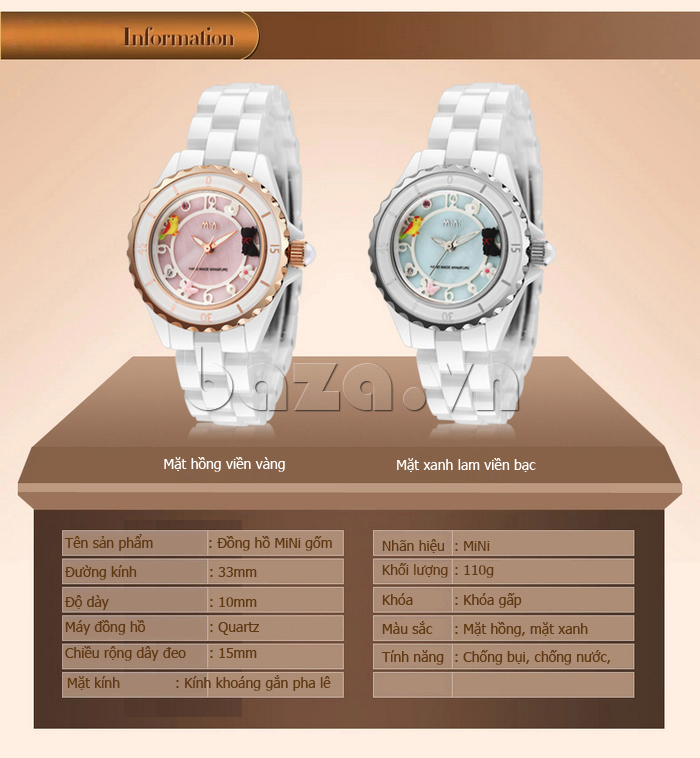 Đồng hồ nữ Mini MN1095 dây gốm mặt hồng viền vàng, mặt lam viền bạc 