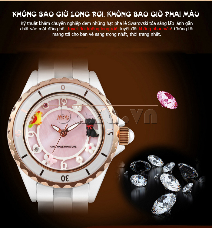 Đồng hồ nữ Mini MN1095 dây gốm pha lê đính chắc chắn, chuyên nghiệp 