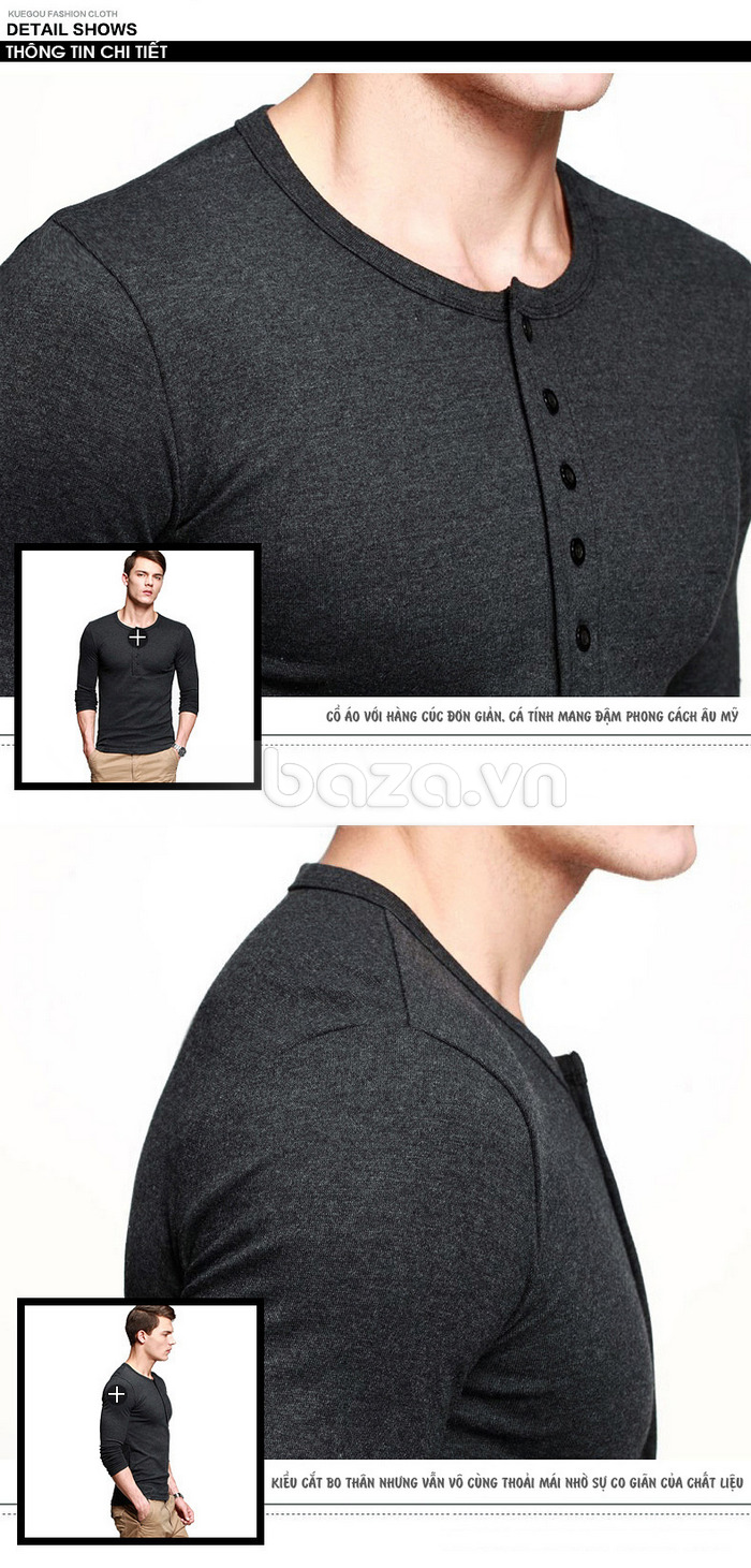 T-Shirt nam dài tay K-Jeans ST-807 trang trí cúc áo nhỏ nhắn 