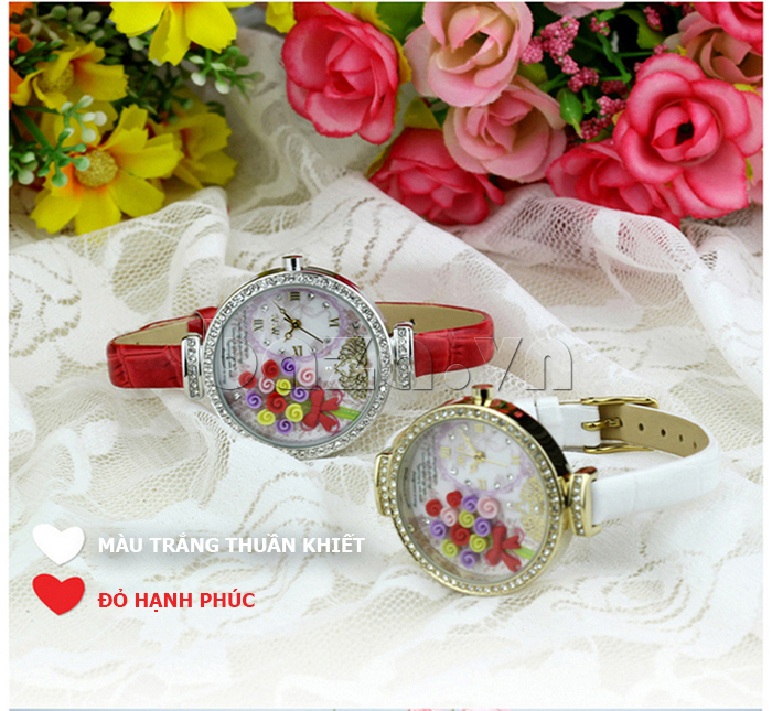 Đồng hồ nữ Mini MN977 Hoa hồng tình yêu màu trắng thuần khiết 