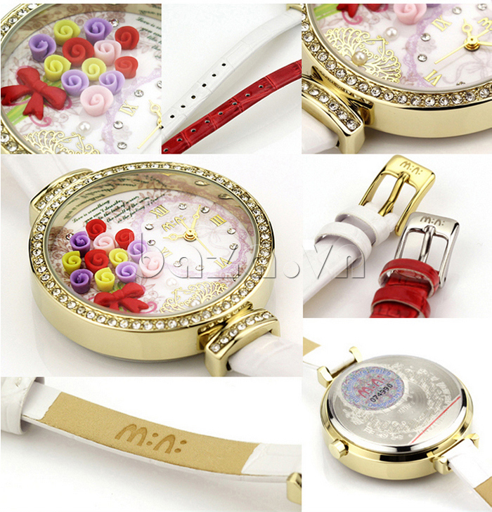 Đồng hồ nữ Mini MN977 Hoa hồng tình yêu họa tiết gốm mềm màu sắc 