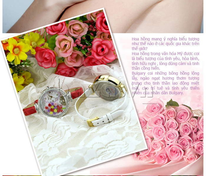 Đồng hồ nữ Mini MN977 Hoa hồng tình yêu dây da thật