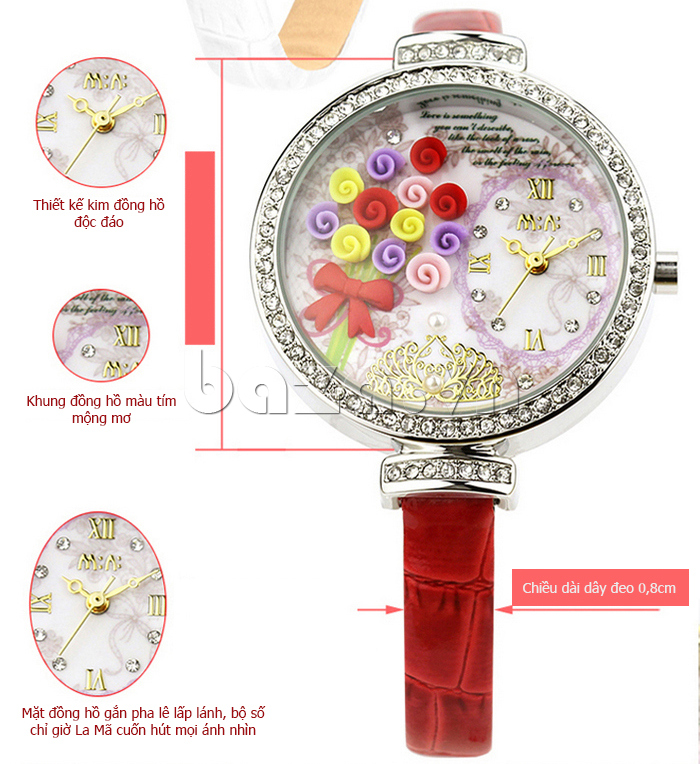 Đồng hồ nữ Mini MN977 Hoa hồng tình yêu thiết kế kim độc đáo