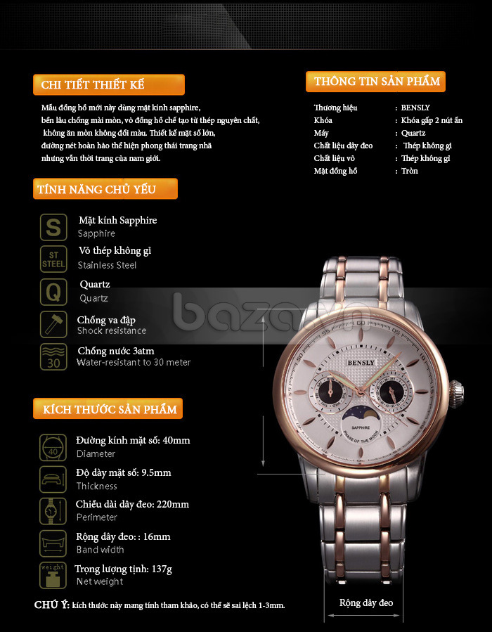 Đồng hồ nam BENSLY 8001G phong cách