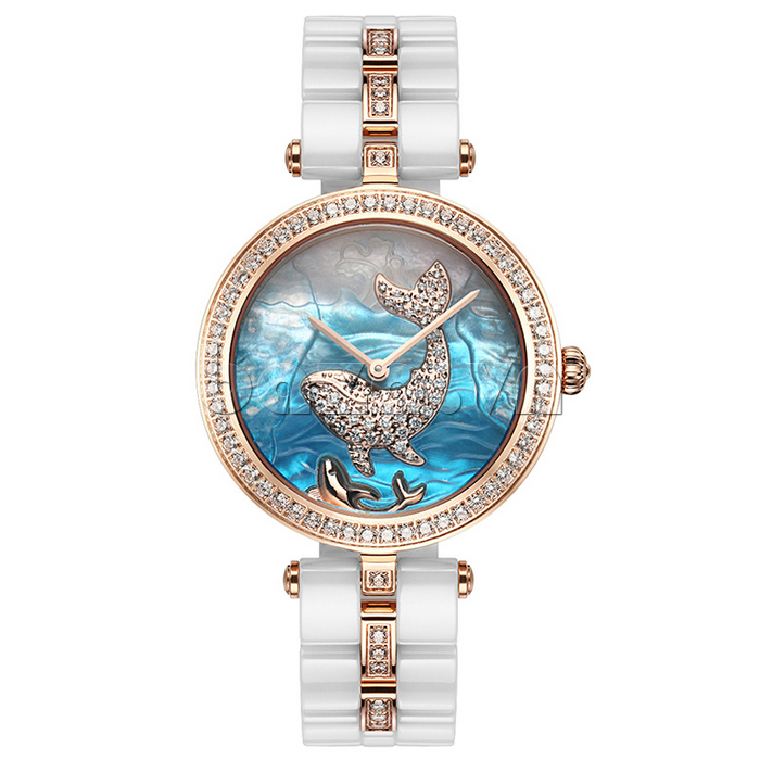 Đồng hồ nữ Olevs Mặt cá voi viền vàng gắn đá dây đeo trắng