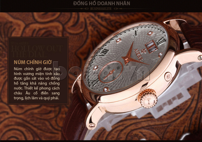 Đồng hồ nam dây da Aiers B157G với núm chỉnh giờ tạo hình vương miện
