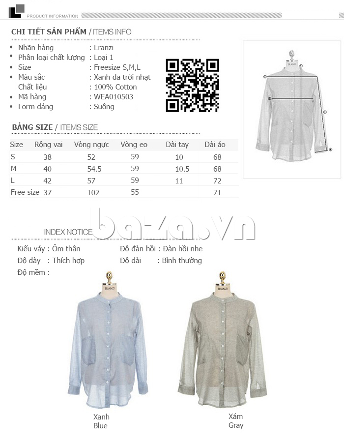 Thông tin sản phẩm Sơ mi nữ dài tay phong cách Hàn Quốc Eranzi WEA010503
