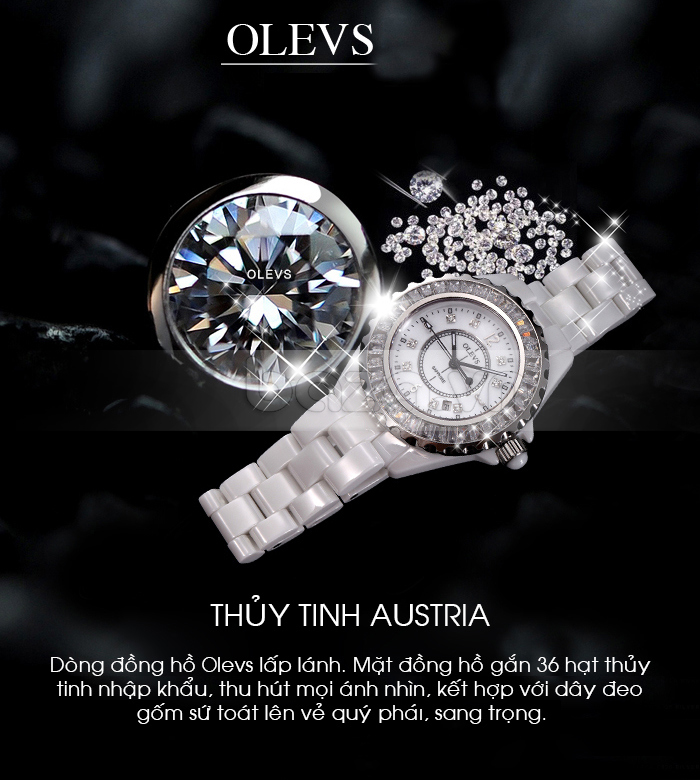 Mặt đồng hồ hiệu nữ Olevs được gắn thủy tinh cao cấp của Áo, tạo nên vẻ đẹp sang trọng và huyền ảo